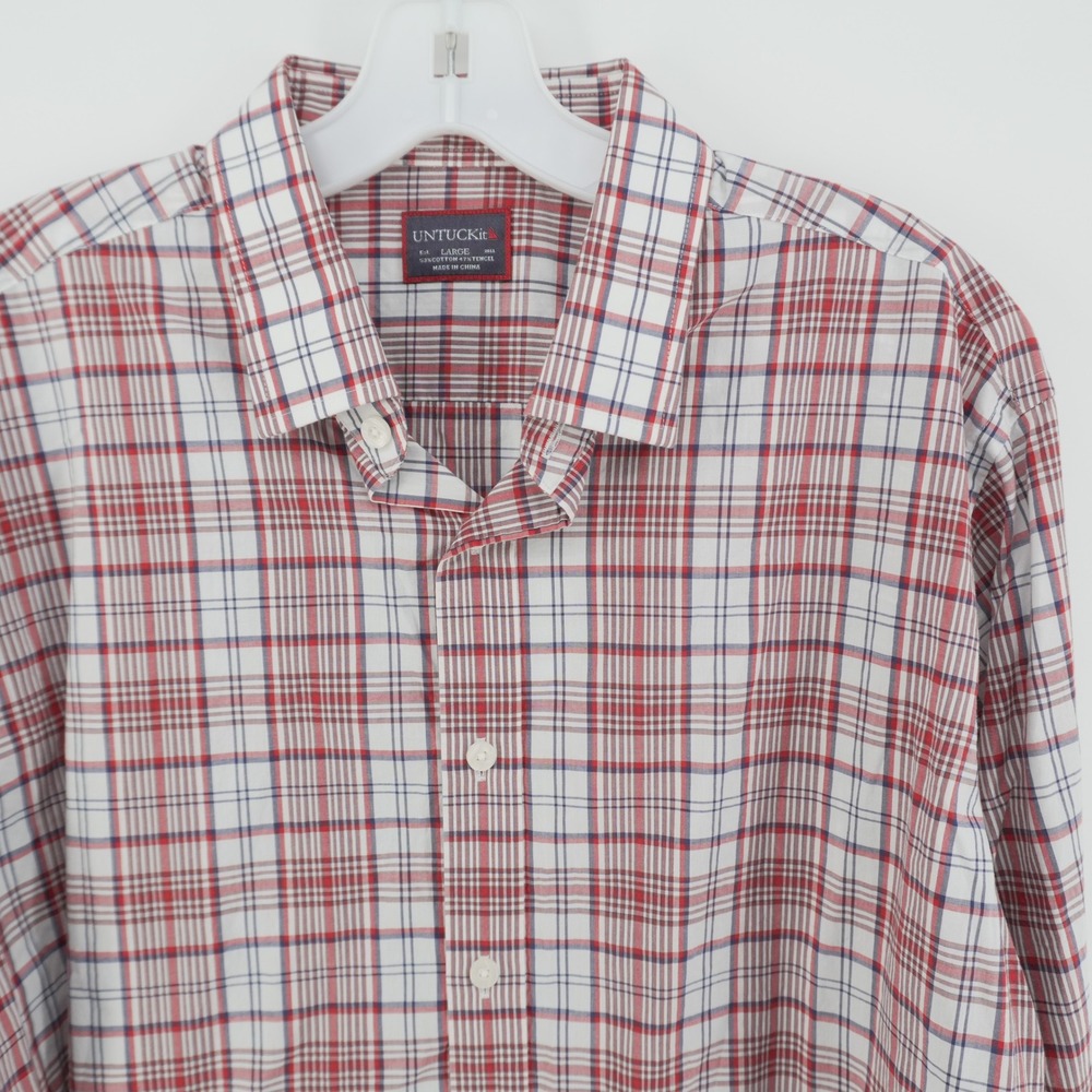 UNTUCKit Button Down Shirt Mens L Red White Blue Plaid Cotton Tencel Long Sleeve